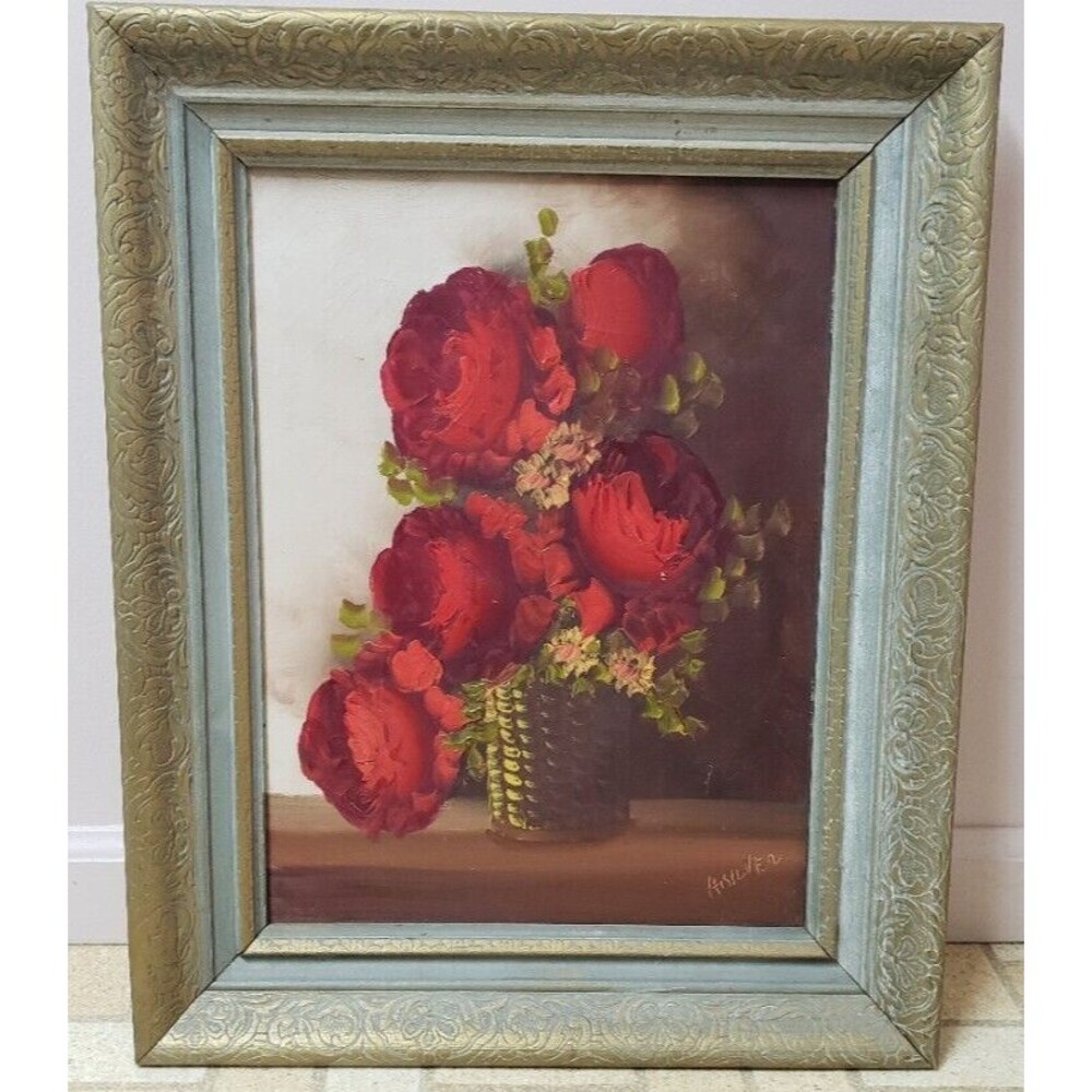 Striking Signed Oil Painting Red Flower Basket Still Life Canvas Framed Wall Art